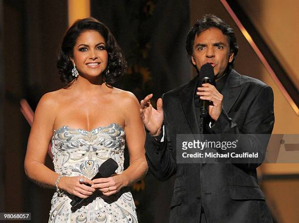 Hosts Lucero and Eugenio Derbez speak onstage at the 10th Annual Latin GRAMMY Awards held at the Mandalay Bay Events Center on November 5, 2009 in...