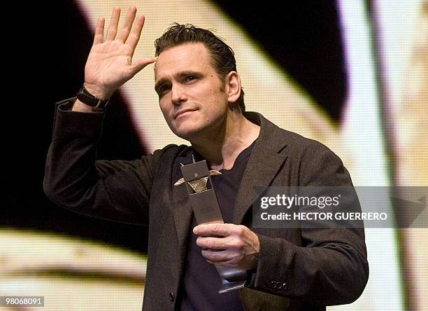 Actor Matt Dillon holds his "Mayaguel de Plata" award on the first day of "Festival Internacional de Cine" in Guadalajara, Mexico, on March 12, 2010....