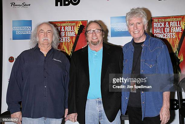 David Crosby, Stephen Stills and Graham Nash attend the 25th Anniversary Rock & Roll Hall of Fame Concert at Madison Square Garden on October 29,...
