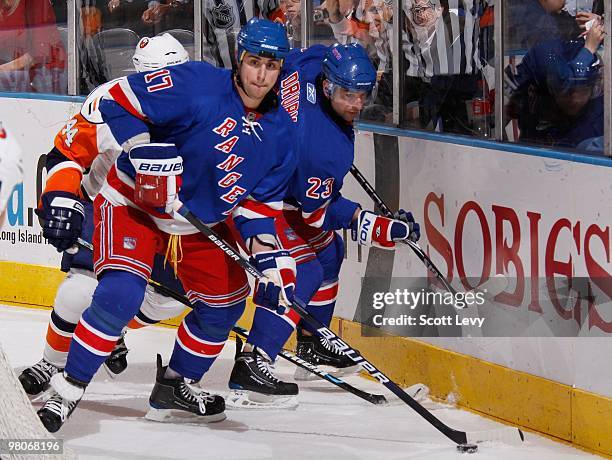 Brandon Dubinsky of the New York Rangers skates against the New York Islanders on March 24, 2010 at Madison Square Garden in New York City. The...