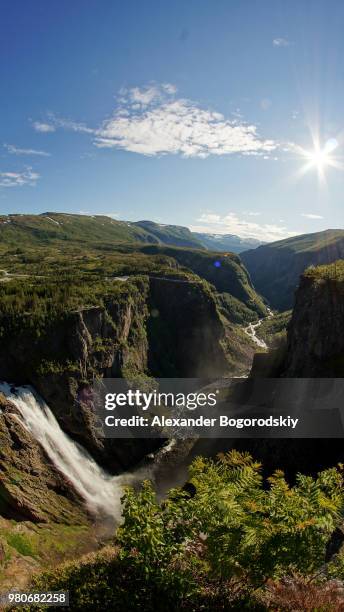 elevated view of voringsfossen waterfall, eidfjord, norway - voringsfossen stock-fotos und bilder