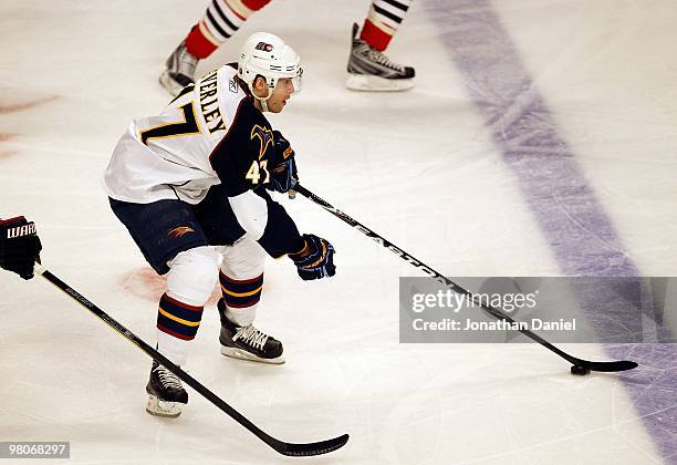 Rich Peverley of the Atlanta Thrashers skates up the ice against the Chicago Blackhawks at the United Center on February 13, 2010 in Chicago,...