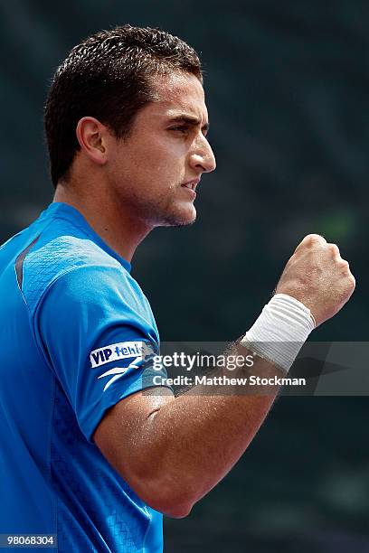 Nicolas Almagro of Spain celebrates after defeating Eduardo Schwank of Argentina during day four of the 2010 Sony Ericsson Open at Crandon Park...