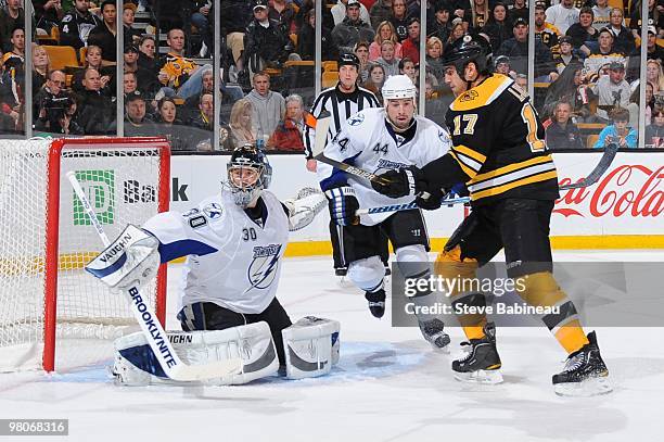 Antero Niittymaki of the Tampa Bay Lightning watches the play against the Boston Bruins at the TD Garden on March 25, 2010 in Boston, Massachusetts.