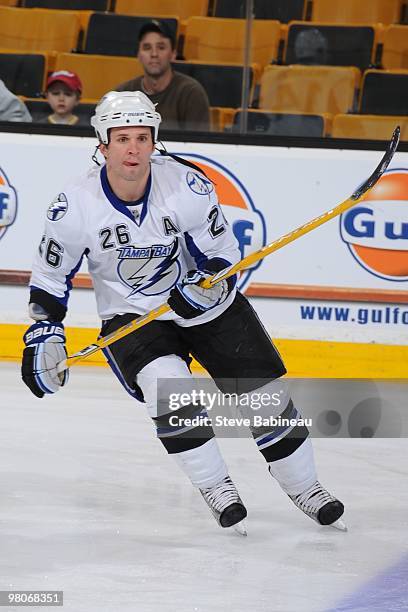 Martin St Louis of the Tampa Bay Lightning during warm-ups before the game against the Boston Bruins at the TD Garden on March 25, 2010 in Boston,...
