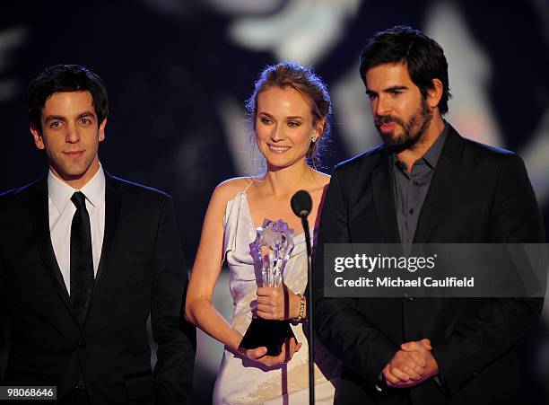 Actors B.J. Novak, Diane Kruger and Eli Roth onstage at the 15th annual Critics' Choice Movie Awards held at the Hollywood Palladium on January 15,...