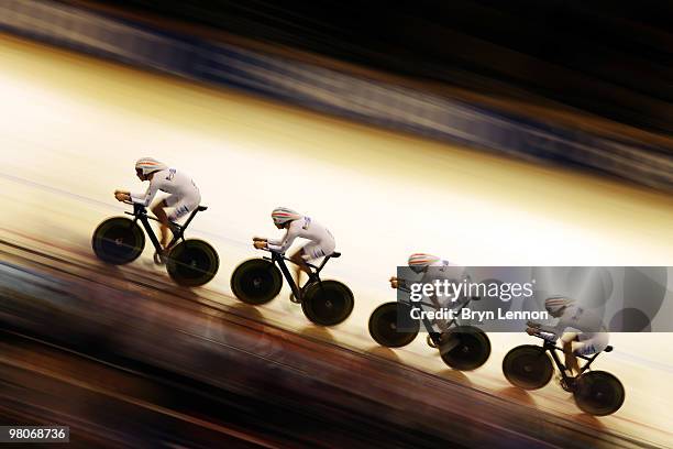 The Great Britain Team in action during Qualifying for the Team Pursuit on Day Three of the UCI Track Cycling World Championships at the Ballerup...