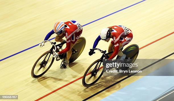 Victoria Pendleton of Great Britain competes against team mate Jessica Varnish during the 1/16th final for the Women's Sprint on Day Three of the UCI...