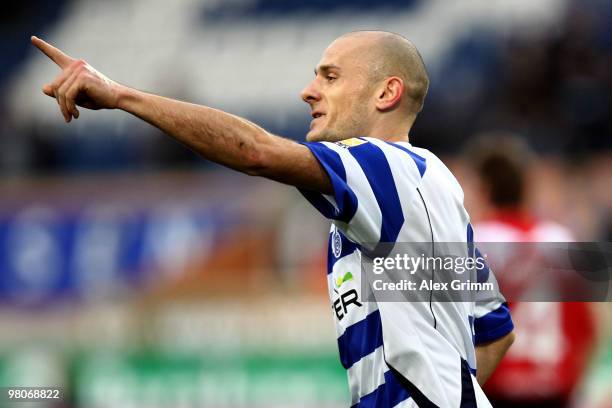 Srdjan Baljak of Duisburg celebrates his team's first goal during the second Bundesliga match between MSV Duisburg and TuS Koblenz at the MSV Arena...