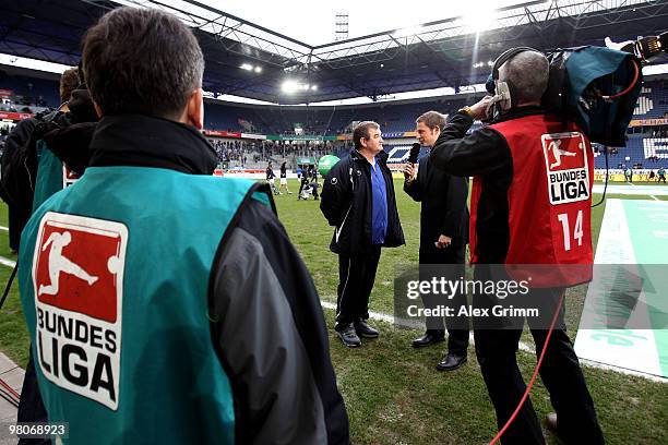 Head coach Milan Sasic of Duisburg gives an interview before the Second Bundesliga match between MSV Duisburg and TuS Koblenz at the MSV Arena on...