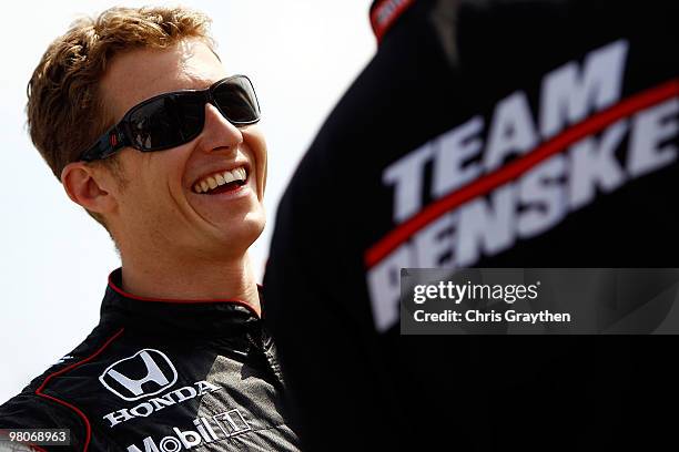 Ryan Briscoe of Australia, driver of the Team Penske Dallara Honda, stands on pit road before practice for the IndyCar Series Honda Grand Prix of St....