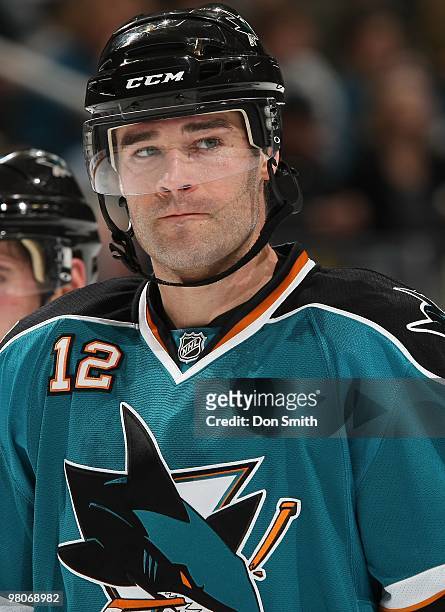Patrick Marleau of the San Jose Sharks gets ready for a puck drop during an NHL game against the Florida Panters on March 13, 2010 at HP Pavilion at...