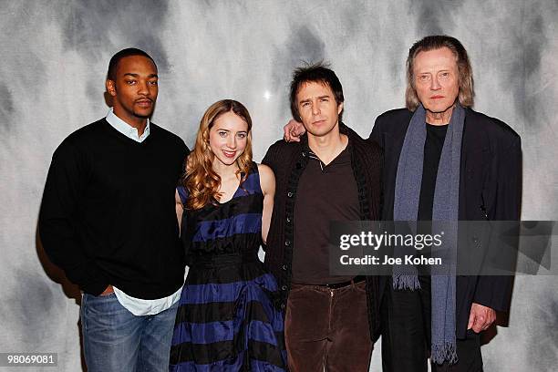 Actors Anthony Mackie, Zoe Kazan, Sam Rockwell and Christopher Walken attend a meet and greet with the cast of "A Behanding In Spokane" at Sardi's on...