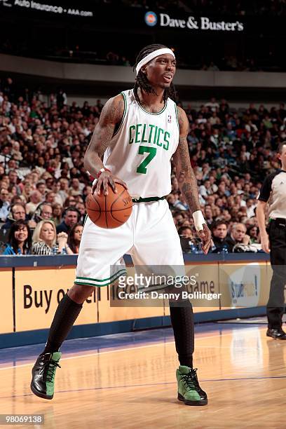 Marquis Daniels of the Boston Celtics handles the ball against the Dallas Mavericks during the game on March 20, 2010 at American Airlines Center in...