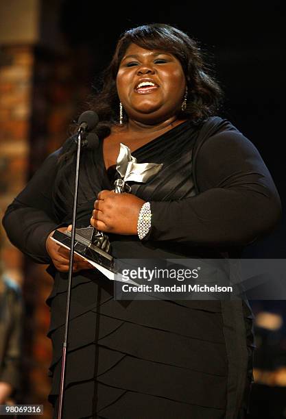 Actress Gabourey Sidibe accepts her award onstage at the 25th Film Independent Spirit Awards held at Nokia Theatre L.A. Live on March 5, 2010 in Los...