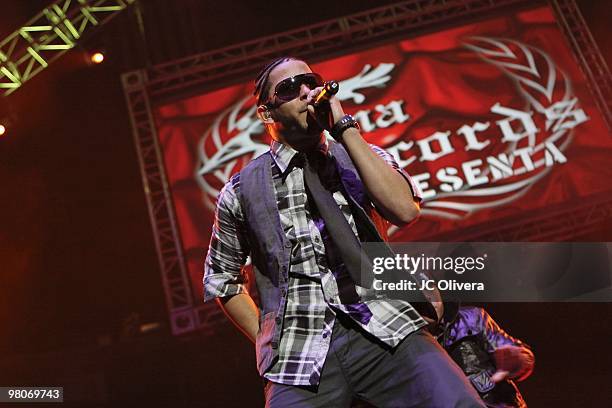 Singers RKM and Ken Y perform on stage during Latino 96.3 FM�s CALIBASH 2010 concert at the Staples Center on March 24, 2010 in Los Angeles,...