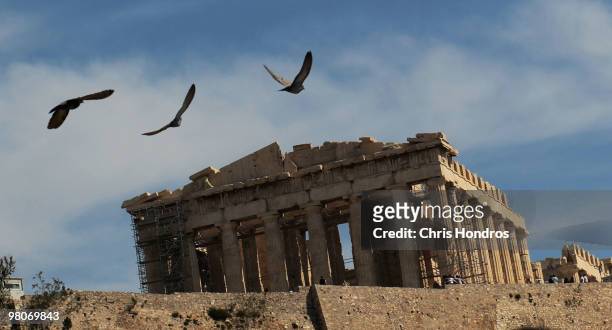 The Parthenon sits atop the Acropolis March 26, 2010 in Athens, Greece. Leaders of the sixteen euro zone countries along with the International...