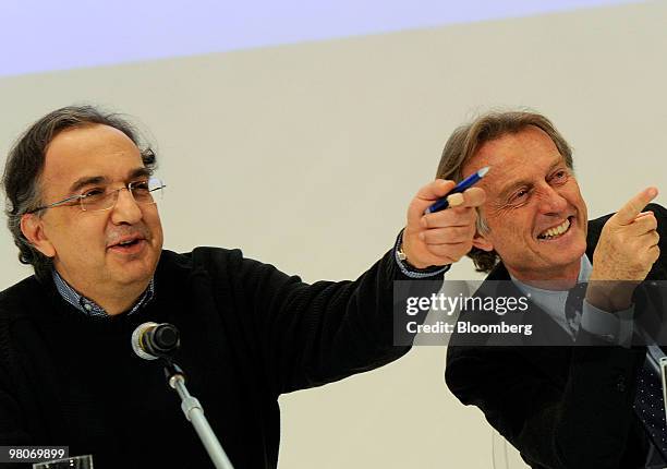 Sergio Marchionne chief executive officer of Fiat SpA, left, and Luca Cordero di Montezemolo, chairman, hold a news conference following the...