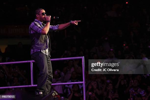 Singers RKM and Ken Y perform on stage during Latino 96.3 FM�s CALIBASH 2010 concert at the Staples Center on March 24, 2010 in Los Angeles,...