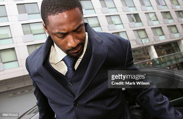 Player Gilbert Arenas of the Washington Wizards arrives at District of Columbia Court March 26, 2010 in Washington, DC. The Wizards star will receive...