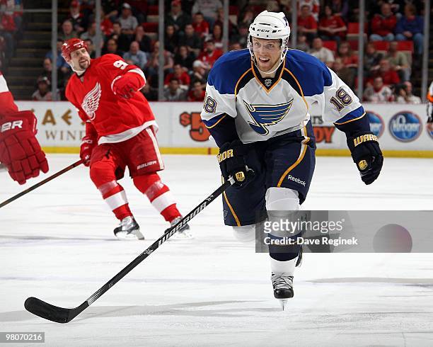 Jay McClement of the St. Louis Blues skates up ice during an NHL game against the Detroit Red Wings at Joe Louis Arena on March 24, 2010 in Detroit,...