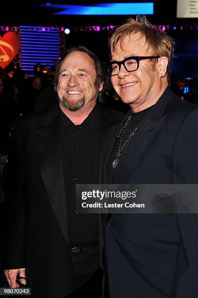 Musicians Stephen Stills and Sir Elton John at the 2010 MusiCares Person Of The Year Tribute To Neil Young at the Los Angeles Convention Center on...