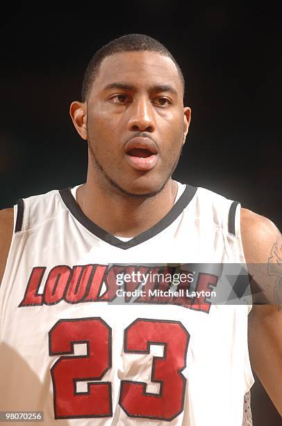 Terrence Jennings of the Louisville Cardinals looks on during the Big East second round College Basketball Championship game against the Cincinnati...