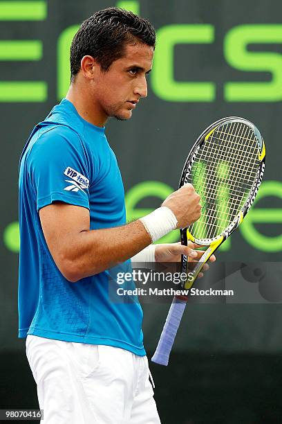 Nicolas Almagro of Spain celebrates a point against Eduardo Schwank of Argentina during day four of the 2010 Sony Ericsson Open at Crandon Park...