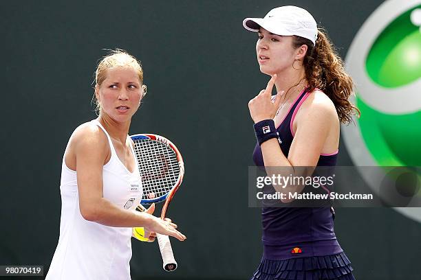 Alona Bondarenko and Galina Voskoboeva play against Julie Coin and Vania King during day four of the 2010 Sony Ericsson Open at Crandon Park Tennis...