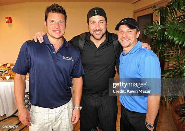 Singer Nick Lachey, Singer Joey Fatone and TV Personality Drew Lachey attend the Super Skins Celebrity Golf Classic Tee Off at The Biltmore Hotel &...