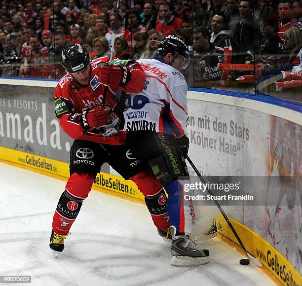 Ivan Ciernik of Cologne fights for the puck with Richard Girard of Ingolstadt during the DEL playoff match between Koelner Haie and ERC Ingolstadt on...