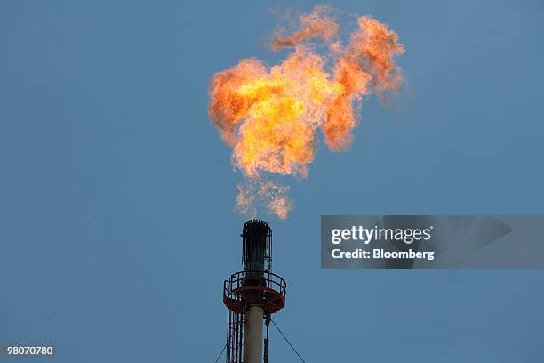 Flame burns from one of the towers at the Petroleos Mexicanos Miguel Hidalgo oil refinery in Tula de Allende, Mexico, on Thursday, March 25, 2010....