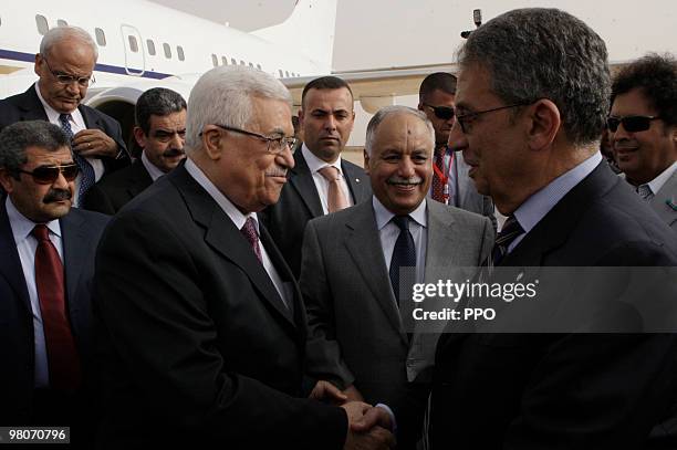In this handout image supplied by the Palestinian Press Office , Palestinian President Mahmoud Abbas with Libyan Prime Minister Baghdadi al-Mahmudi...