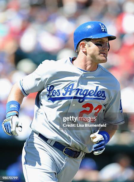 Casey Blake of the Los Angeles Dodgers runs to first base during a Spring Training game against the Los Angeles Angels of Anaheim on March 15, 2010...