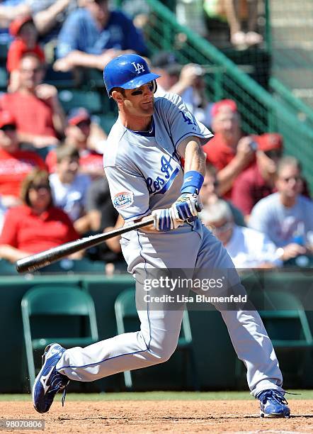 Casey Blake of the Los Angeles Dodgers at bat during a Spring Training game against the Los Angeles Angels of Anaheim on March 15, 2010 at Tempe...