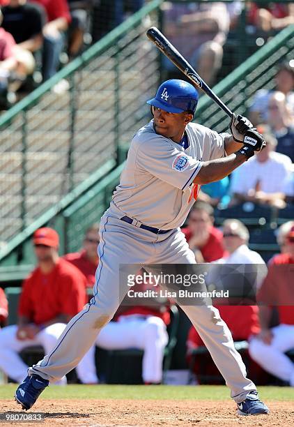 Garret Anderson of the Los Angeles Dodgers at bat during a Spring Training game against the Los Angeles Angels of Anaheim on March 15, 2010 at Tempe...
