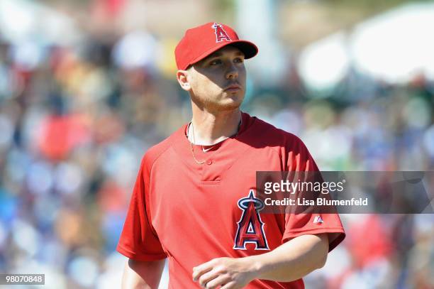Scott Kazmir of the Los Angeles Angels of Anaheim walks to the dugout during a Spring Training game against the Los Angeles Dodgers on March 15, 2010...