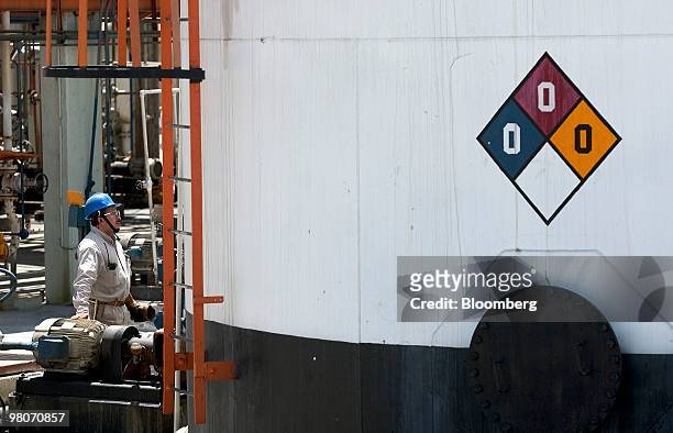 An employee at the Petroleos Mexicanos Miguel Hidalgo oil refinery checks a storage tank motor in Tula de Allende, Mexico, on Thursday, March 25,...
