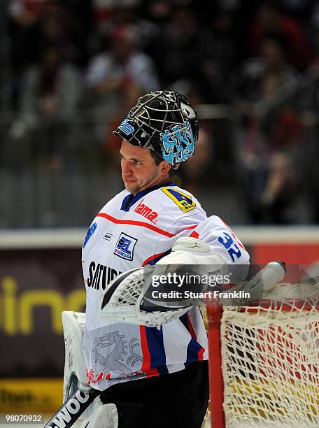 Goal keeper Dimitri Patzold of Ingolstadt during the DEL playoff match between Koelner Haie and ERC Ingolstadt on March 26, 2010 in Cologne, Germany.