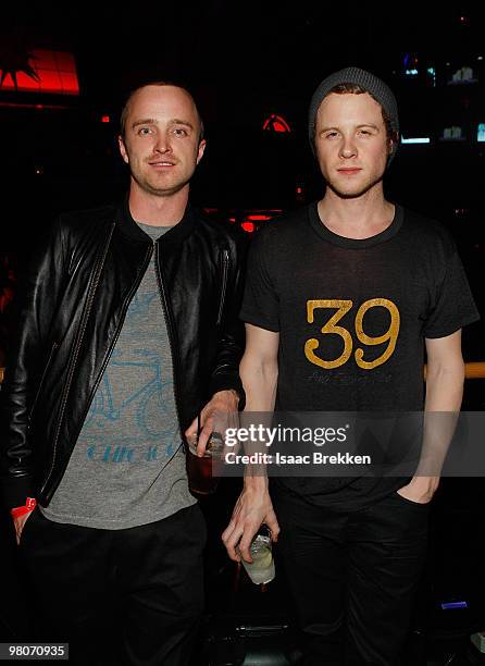 Aaron Paul and Ashton Holmes attends the AG Adriano Goldschmeid party at Rain nightclub at The Palms Casino Resort on February 16, 2010 in Las Vegas,...