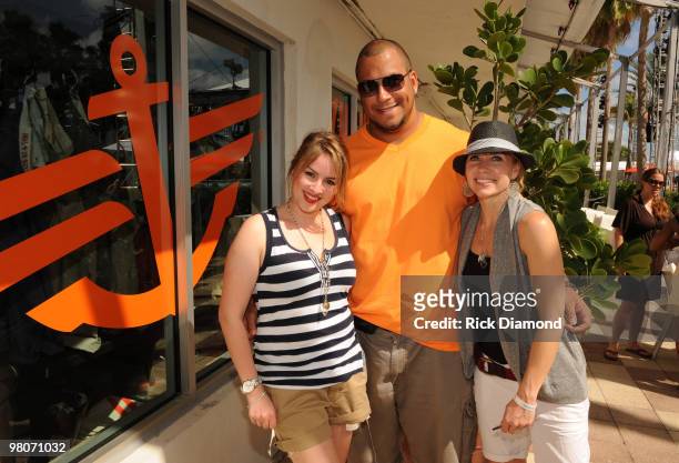 Jessica Blatt, Brandon Frye of the Seattle Seahawks and Karen Riley-Grant attend the Dockers Pantsformation Lounge at Doubletree Surfcomber Hotel -...