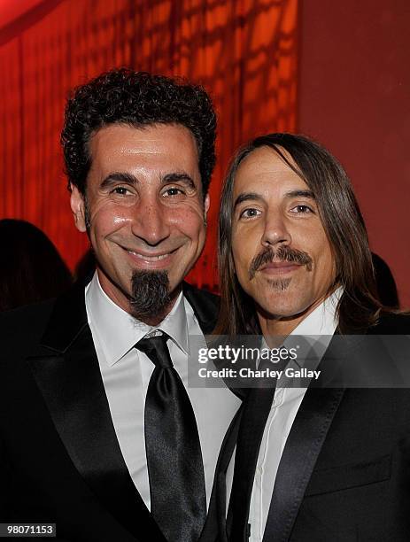 Musicians Serj Tankian and Anthony Kiedis attend Godiva at the 18th Annual Elton John AIDS Foundation Oscar party held at Pacific Design Center on...