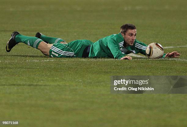 Jan Holenda of FC Anzhi lies on the pitch during the Russian Premier League match between FC Anzhi Makhachkala and PFC CSKA Moskva at the Dinamo...