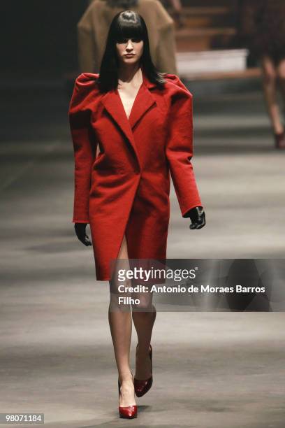 Model walks the runway at the Lanvin Ready to Wear show during Paris Womenswear Fashion Week Fall/Winter 2011 at Halle Freyssinet on March 5, 2010 in...