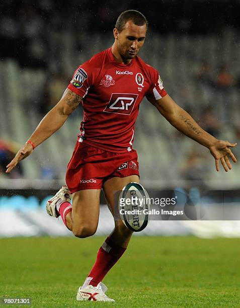 Quade Cooper of the Reds in action during the Super 14 match between Vodacom Cheetahs and Reds from Vodacom Park on March 26, 2010 in Bloemfontein,...