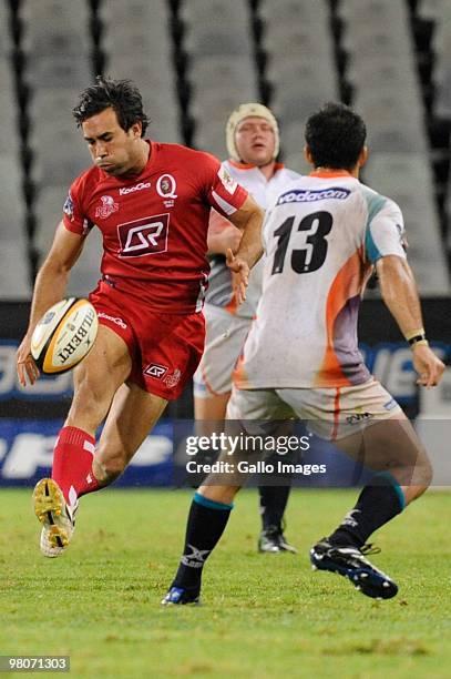 Will Chambers of the Reds and Robert Ebersohn of the Cheetahs in action during the Super 14 match between Vodacom Cheetahs and Reds from Vodacom Park...