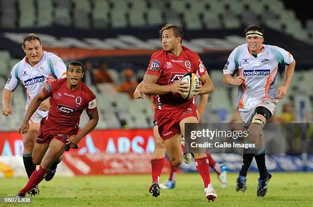 Quade Cooper of the Reds in action during the Super 14 match between Vodacom Cheetahs and Reds from Vodacom Park on March 26, 2010 in Bloemfontein,...