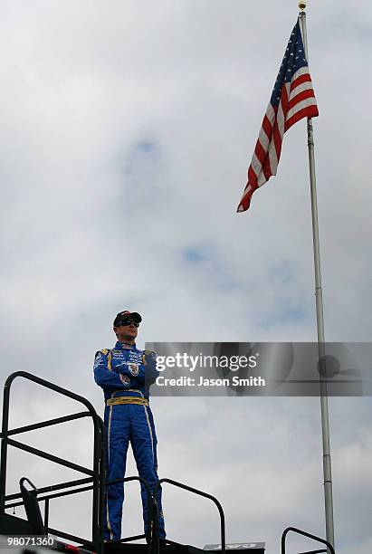 Kurt Busch, driver of the Miller Lite Dodge looks on from the top of the hauler, during practice for the NASCAR Sprint Cup Series Goody's Fast Pain...