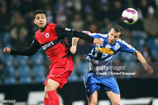 Caio of Frankfurt and Christoph Dabrowski of Bochum go up for a header during the Bundesliga match between VfL Bochum and Eintracht Frankfurt at...