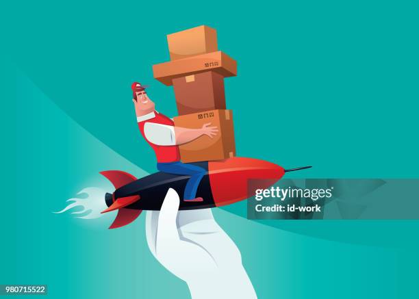 courier sitting on rocket with helping hand - relocation services stock illustrations